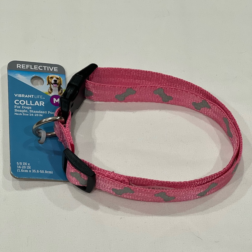 Vibrant Life Reflective Nylon Dog Collar Medium Pink Bone Beagle Poodle NWT